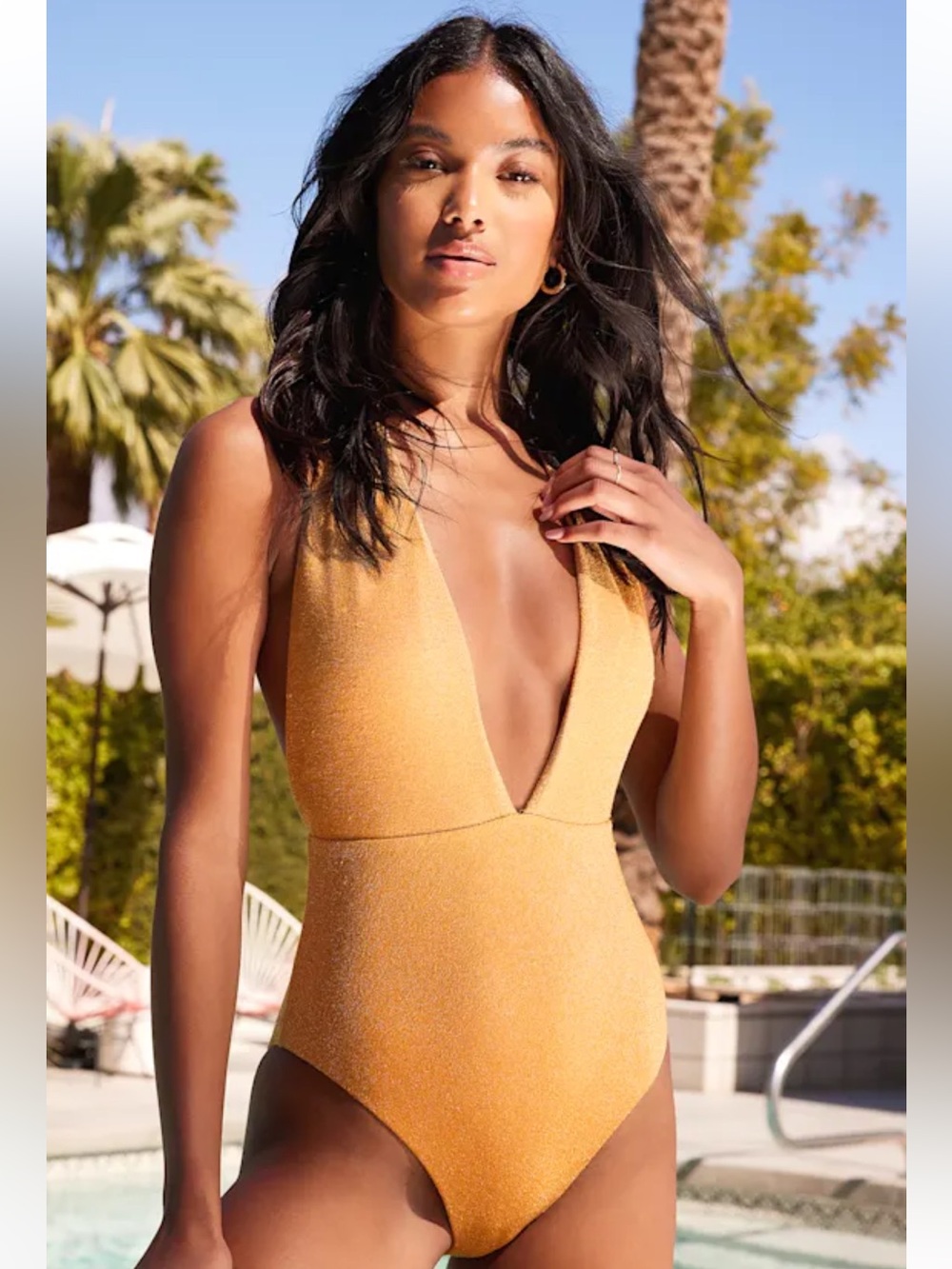 Summer Days Marigold Sparkly Halter One-Piece Swimsuit